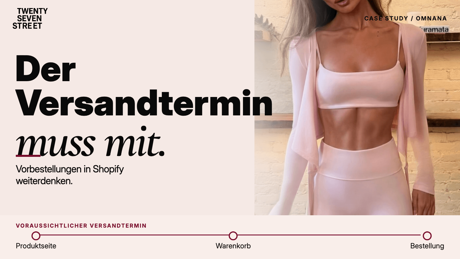 Wide title image of the Omnana case study with the German headline “Der Versandtermin muss mit.” (The ship date has to come along.), the campaign photo of a woman in pink activewear and a note on pre-orders in Shopify.